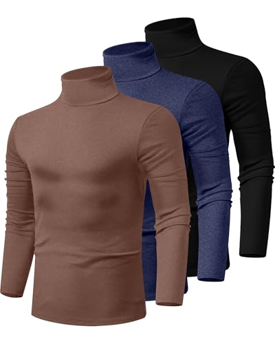 Ficerd 3 Pack Men's Turtleneck Shirts, Long Sleeve Cotton Pullover