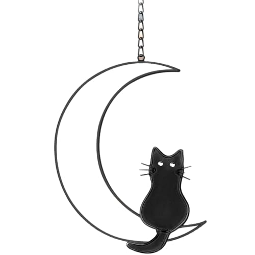 Cat Stained Glass Window Hanging, Handmade Black Cat on White Moon Suncatcher Decoration, Cat Theme Gifts for Cat Lovers, Girls or Women