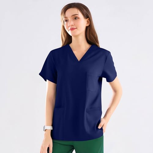 Image of FONMA Scrub Tops Women Plus Size Stretchy V-Neck Scrub Shirts with 4 Pockets Breathable Short Sleeve Nurse Uniforms