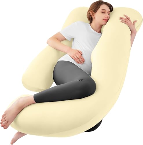 Image of Cooling Pregnancy Pillows for Sleeping, 65'' Full Body Pillow, Light Yellow | Sasttie Maternity Pillow, OEKO-TEX, Down Alternative, Removable Cover, Pregnant Women Must Haves, Maternity Essential