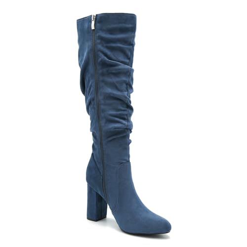 Women's Knee High Boots Sexy Pointed Toe Block Chunky High Heel Boots Side Zipper Pleated Leather Long Boots4