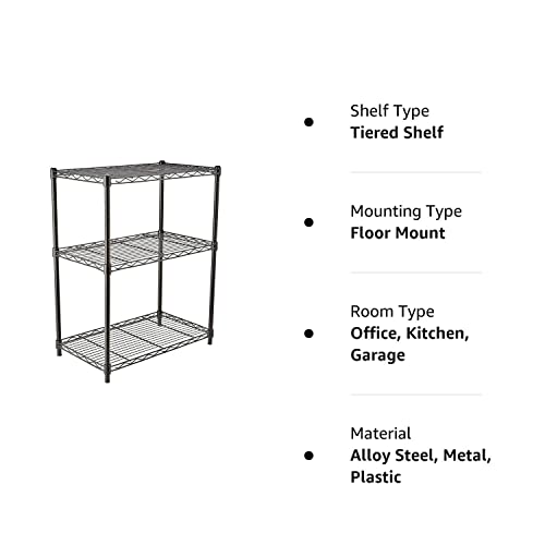 Amazon Basics Height Adjustable 3-Shelves Heavy Duty Rack - Black (Steel, Black Coated Chrome Finish), Tiered Shelf - Free Standing