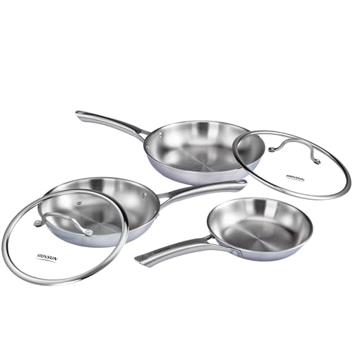 Bonnlo 5Pcs Stainless Steel Frying Pan Set, Induction Hob Pot Set Non Toxic, Cookware Set with Lid, Riveted Handle, Free PFOA and PTFE, Dishwash Safe - 20cm 25cm 28cm