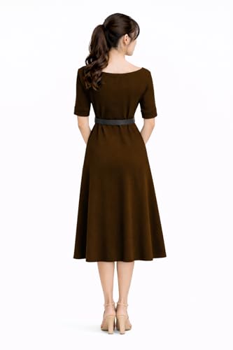 Image of Women's Elegant Midi Dress with Belt | Half Sleeve Fit & Flare Casual Dress | Knee Length Office Party Western Dress for Women