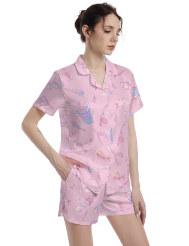 Image of Funny Pajamas for Women Set Print Satin Loungewear Pjs Short Sleeve Button Down Top and Shorts Sets Sleepwear XS-3XL