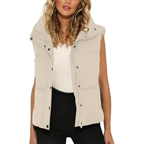 MIROL Women's Sleeveless Cropped Puffer Vest Zip Up Stand Collar Button Down Winter Crop Jackets Outwear Vest with Pockets Cover