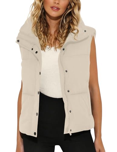 MIROL Women's Sleeveless Cropped Puffer Vest Zip Up Stand Collar Button Down Winter Crop Jackets Outwear Vest with Pockets