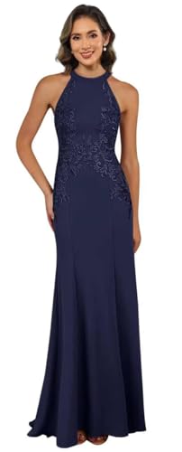 Image of KDTM Satin Lace Mother of The Bride Dresses Long Halter Sleeveless Formal Dresses for Women Wedding Guest