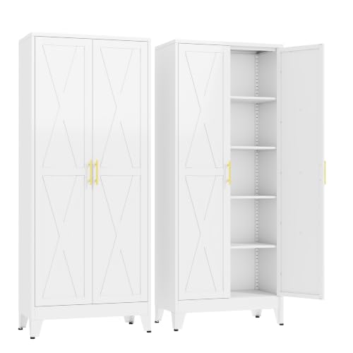Image of GAIOUS 71 inch Tall Kitchen Pantry Cabinet,Metal Storage Cabinet White Cupboard | Steel Office Cabinet, Freestanding Bookcase with 2 Doors and 4 Adjustable Shelves, Bathroom Kitchen Home Garage Tool Cabinet