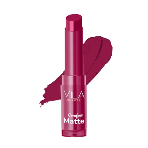 Image of Mila Beaute Creamy Comfort Matte Long-Lasting Lipstick for Women | Highly Pigmented & Hydrating Lipstick with Jojoba | Single Swipe Application | Suitable for Indian Skin Tones - PURPLE HEART