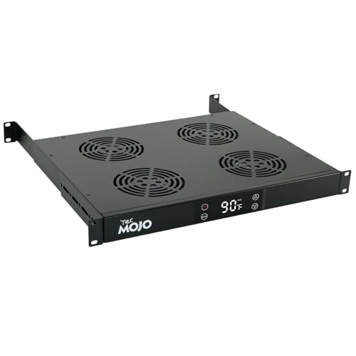 Tecmojo 1U Rack Mount Cooling Fans 4 Fans Cooling System with Thermostat Digital Heat Monitor Display & Overheat Alarm Sensor Adjustable Temperature Control and Depth