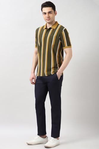 Image of Peter England Men's 100% Cotton Vertical Striped Polo T-Shirt - Casual Wear | Sleek & Comfortable