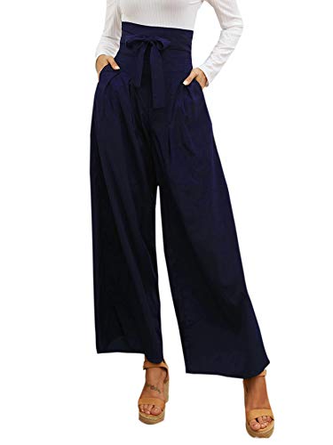 SweatyRocks Women's Casual High Waist Belted Wide Leg Pants with Pocket Navy S