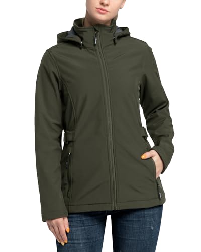 Outdoor Ventures Women's Softshell Jacket with Removable Hood, Insulated Windbreaker Waterproof Warm Fleece Lined Coat