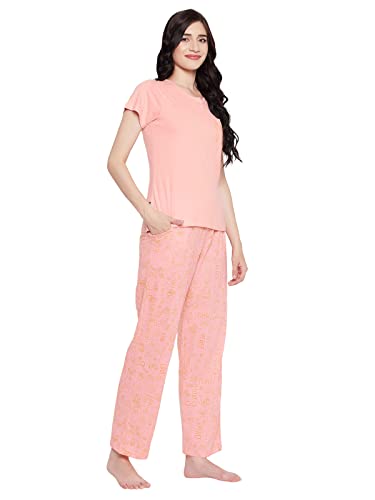 Image of Clovia Women's Cotton Doodle Print Top & Pyjama Set in Pink