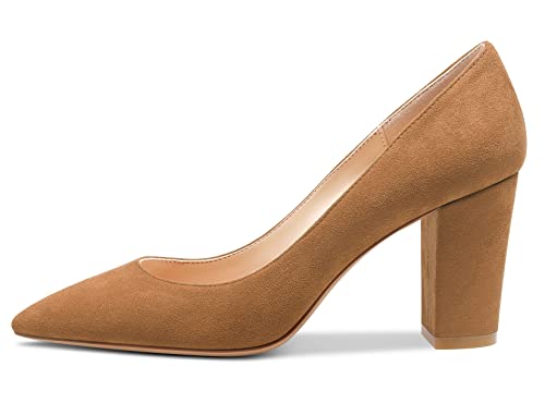 Aachcol Women Chunky Block Mid High Heel Pumps Slip-on Pointed Toe Dress Shoes Office Party Wedding Suede 3 Inch2