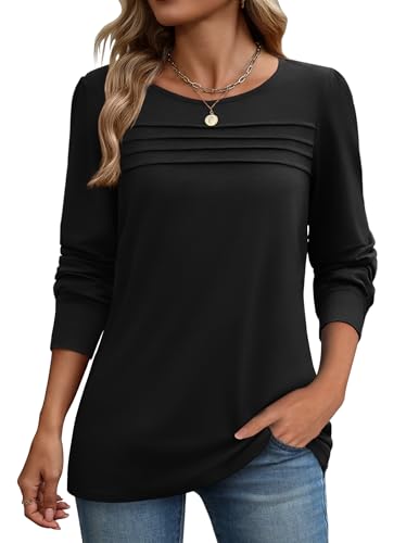 Zeagoo Langarmshirt Damen Bluse Elegant Langarm Pullover Rundhals Tunika Lässige Oberteile Puffärmel Blusenshirt Basic Tops Schwarz XL