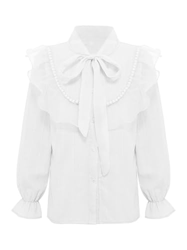Kids Girls Long Flounce Sleeve Button Down Shirt Elegant Bow Tie Mock Neck Pearls Ruffle Blouse Top