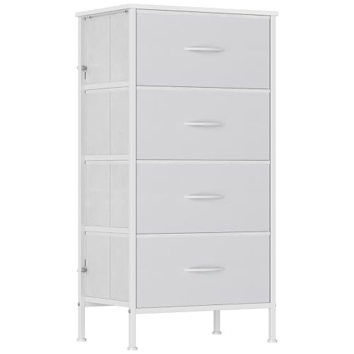 GoaHi White Chest of Drawers with 4 Drawer, Fabric Dresser with Wood Top,4 Fabric Drawers, Large Storage Organizer Unit with 4 Drawers for Bedroom, Kids Room, Living Room, White