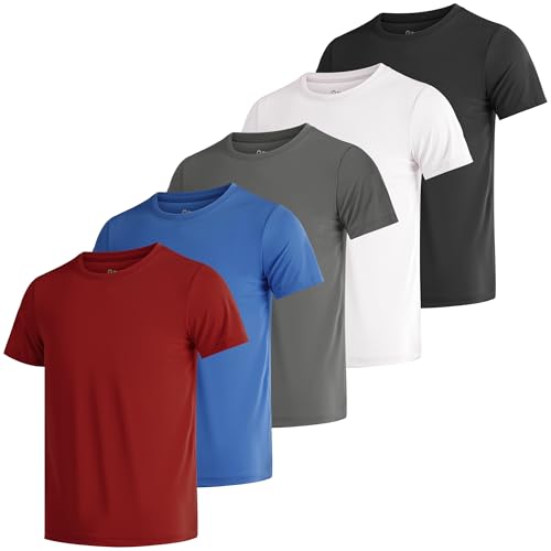 Poroka 5 Pack UPF 50+ Youth Boy Lightweight Mesh Quick Dry Athletic Performance T-Shirt Moisture Wicking Active Workout Shirt