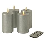 Fachhandel Plus LED Kerzen mit Timer – Stumpenkerzen aus Echtwachs mit 3D Flamme & Fernbedienung – LED Echtwachskerzen in verschiedenen Farben & Größen – Ø 6,5/7,5 cm (Silber, 10 x 6,5 cm)