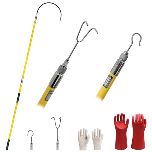 Image of 8FT Insulated Rescue Hook Withstand 110KV,UL-Certified Hotstick Rescue Hook | High Voltage Electrical Rescue Hook ASTM F711 Compliant Fiberglass Rescue Pole with 3 Style Hooks & 10KV Insulated Gloves