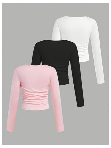 SOLY HUX Girl's 3 Piece T Shirt Crew Neck Long Sleeve Ruched Crop Tops Slim Fit Solid Basic Tee2