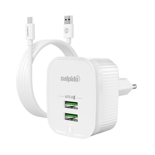 Salpido GD-WC02 12W Dual USB Wall Charger, 2.4A Fast Charging Adapter with A to C Cable, Smart Chip Protection, Dual USB-A Ports, Includes Detachable Cable, Compatible with Smartphones &Tablets(White)