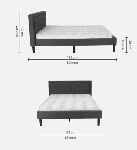 Image of Mintwud Pepperfry Upholstered Queen Size Bed Without Storage for Bedroom Furniture Solid Wood Fabric Bed Wooden Double Bed Cot Palang for Home Living Room and Hotels (Black Finish)