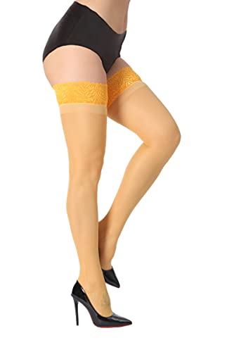 Image of DORALLURE Thigh High Stockings Silicone Lace Top Stay Up Silky Semi Sheer Pantyhose for Women Hold Up Nylon