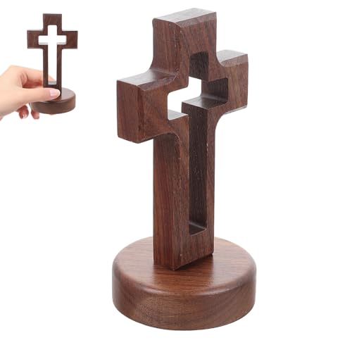 Cruz de madera artesanal LIFKOME con soporte tallado de nogal premium 1