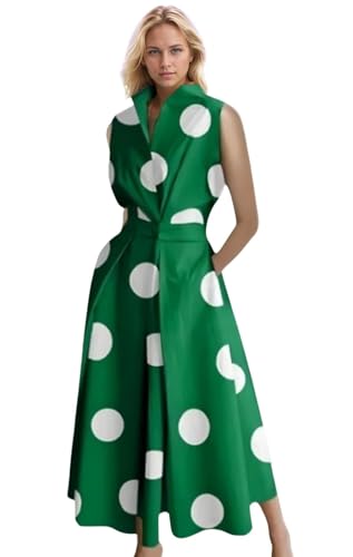 Women's Boho Style Elegant Polka Dot Cami Plus Size Pear Shaped Body Dress Side Pockets V Neck Sundress Green Dots 2 L