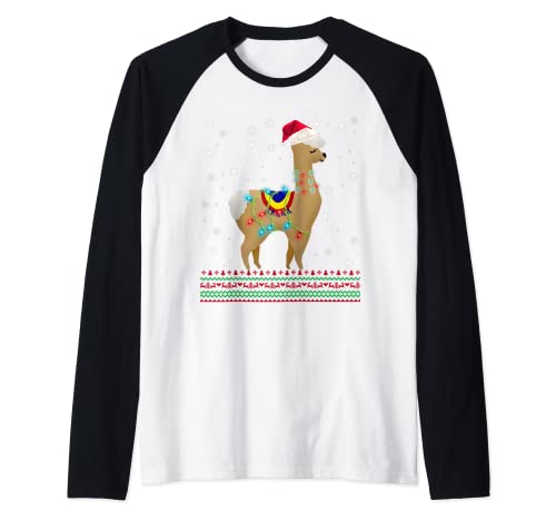 Christmas Llama Santa Hat and Christmas Lights Ugly Sweater Camiseta Manga Raglan