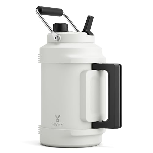 Image of 1 Gallon Insulated Water Bottle for Sports: Meoky 128 oz Triple Wall Vacuum Stainless Steel Water Jug - Top and Side Handles, Cold for 48 Hrs, 2-in-1 Straw and Spout Lid, Leak Proof for Hiking (Ivory)