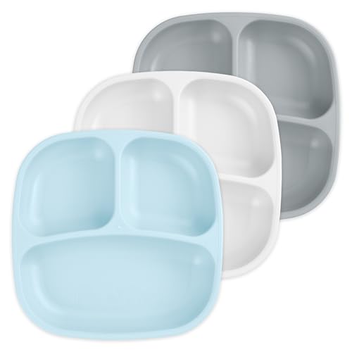 Image of Re-Play Toddler Plates with Dividers - Deep-Walled 3 Compartments Divided Plates for Kids - Dishwasher & Microwave Safe - Made in USA - Set of 3-7.37" x 7.37" x 1.25" - Glacier