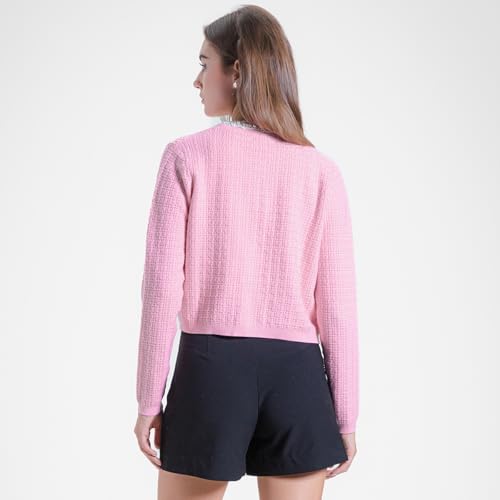 Image of URBAN REVIVO Womens Cropped Cardigan Sweaters Open Front Casual Long Sleeve Knit Pearl Button Down Crew Neck Jacket 2025