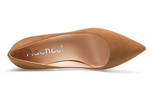 Aachcol Women Chunky Block Mid High Heel Pumps Slip-on Pointed Toe Dress Shoes Office Party Wedding Suede 3 Inch4