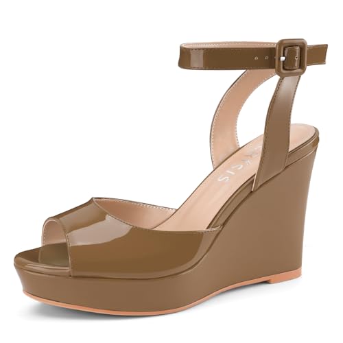 Image of Women's Dressy Platform Wedge Sandals Gold Wedges Peep Toe Patent High Heels Slingback Heeled Comfortable Ankle Strap Shoes
