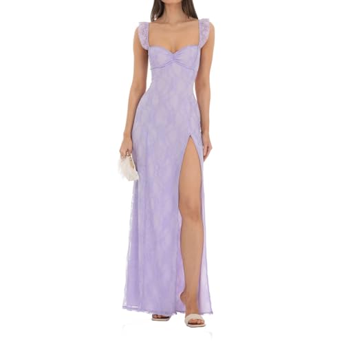 Image of Women's Sexy Lace High Split Long Dress Sleeveless Backless Tie Bodycon Maxi Dress Elegant Party Cocktail Cami Dress (US, Alpha, Small, Regular, Regular, A-Light Purple)