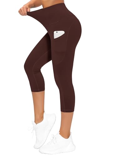 Image of THE GYM PEOPLE Thick High Waist Capris Yoga Pants with Pockets, Tummy Control Workout Running Yoga Leggings for Women