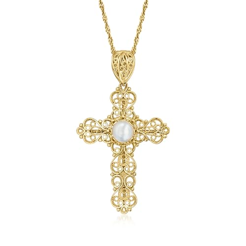 Ross-Simons Mother-Of-Pearl Filigree Cross Pendant Necklace in 18kt Gold Over Sterling