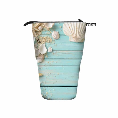 Image of Swono Seashells Pencil Holder Beach Ocean Starfish Wooden Nautical Border Stand Up Pencil Case Organizer Cosmetics Pouch For Women Men Turquoise