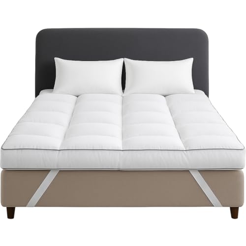 Mattress Topper Double Bed - Extra Thick 4 Inches / 10cm Bounce Back with Elasticated Corner Straps Soft and Breathable, Hypoallergenic Comfy Bed Mattresses Toppers (Double)