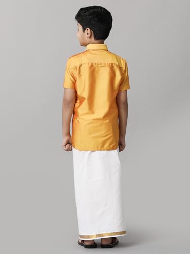 Image of RAMRAJ COTTON Boys Silk Cotton Shirt With Adjustable Cream Dhoti Perfect For Ceremonies| Festivals| And Special Occasions