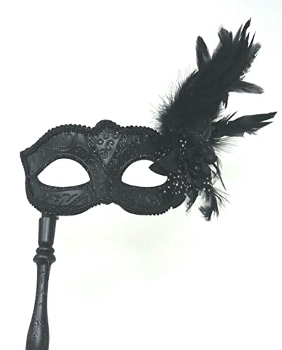 Mask & Co LADIES QUALITY BLACK SPARKLING MASK WITH FLOWER & LONG FEATHERS VENETIAN MASQUERADE CARNIVAL PARTY EYE MASK