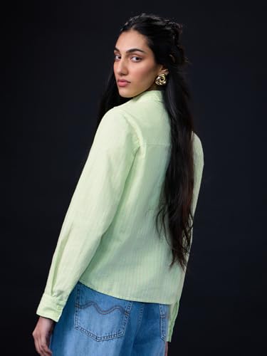 Image of The Souled Store Cotton Linen: High Tide Women and Girls Full Sleeves Spread Collar Light Blue Striped Cotton Linen Blend Regular Fit Lightweight All-Season Shirt