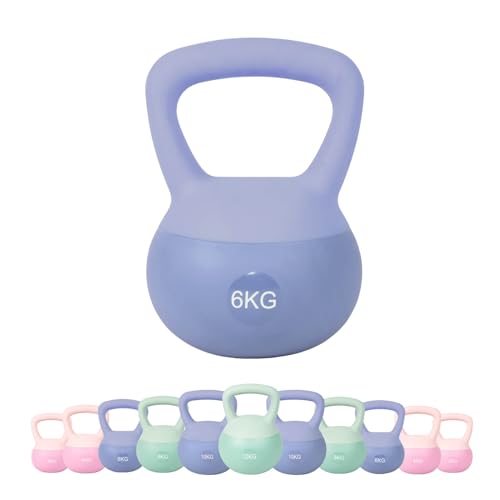 JINPALAY Pesa Rusa, 2-12KG PVC Soft Kettlebell, Rellena de Fina Arena de Acero, Mango Ancho Antideslizante, Diseño Contemporáneo, Pesa Kettlebell para Ejercicios en Casa y Gimnasio (azure 6KG)