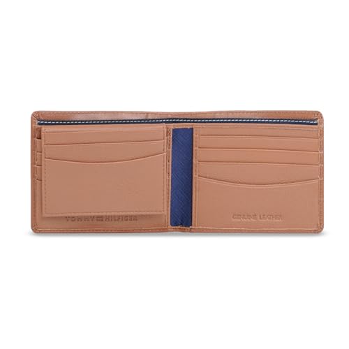 Image of Tommy Hilfiger Men's Leather Wallet Anapolis | Printed Tan Passcase Bi-Fold with 12 Card Slots, Coin Pocket | Stylish Purse for Gents