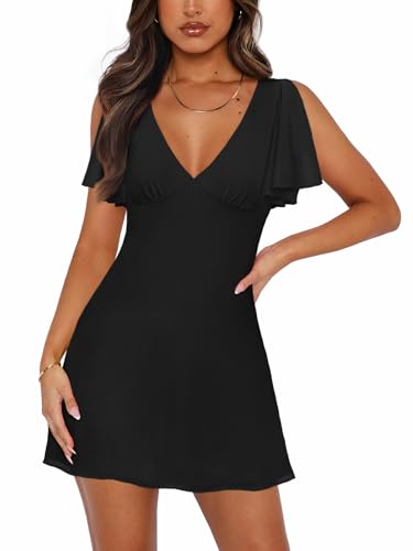 Women's Sexy Deep V-Neck Ruffle Sleeve Mini Dresses Summer Casual Bodycon Beach Cocktail Party Club Short Dress