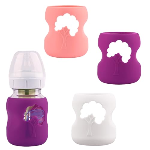 Image of 3 Pack Silicone Sleeves for Dr. Brown's Natural Glass Baby Bottles, Anti Breakage Baby Bottle Holder, Compatible Dr. Brown Wide-Neck Glass Baby Bottles 5 oz (White+Pink+Purple)